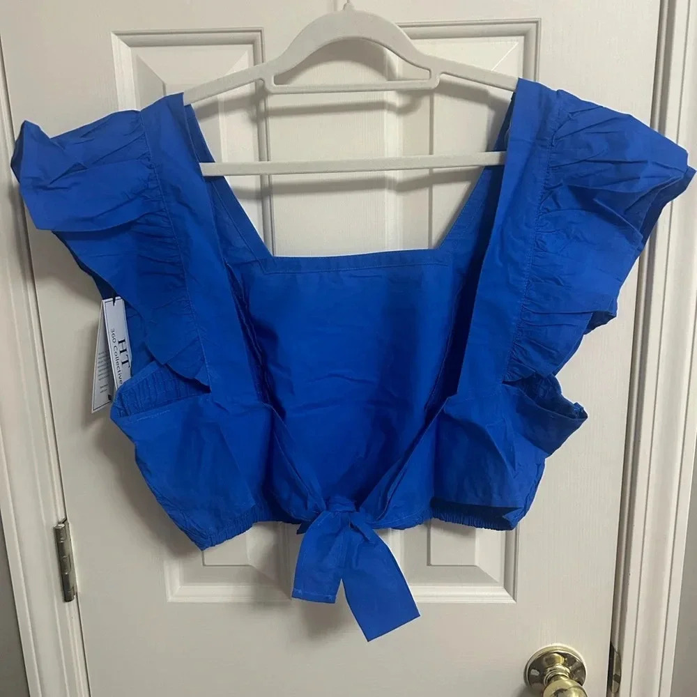 HT360 Collective HandMade Smocked Ruffle Sleeve Tie Back Crop Top Size Large NEW - Picture 5 of 6